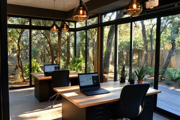 Fototapeta premium Modern Minimalist Co-Working Space with Natural Light and Urban Industrial Design