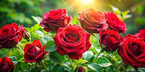 Fototapeta premium A symphony of crimson blooms basking in the golden rays of the sun, each delicate petal capturing the essence of warmth and beauty.