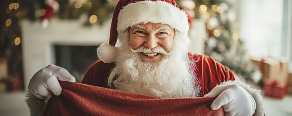 The Santa Claus in a close-up, pulling a large red cloth while holding his sack of gifts