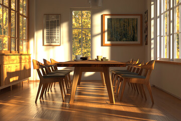 Sunlit midcentury modern dining room, cozy wood furniture, bold accents, natural light casting soft shadows on sleek surfaces, highquality 3D render