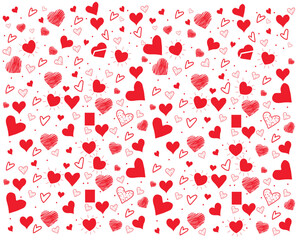Seamless pattern with hand drawn cute red hearts, Heart vector line drawing pattern, wallpaper or gift wrapping design ,background on Valentine's Day, Doodle red hearts 
