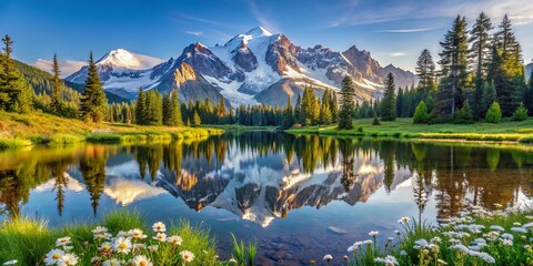A serene mountain lake reflects the snow-capped peaks, with a lush forest lining the shore and wildflowers blooming along the water's edge.