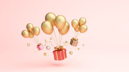 Balloons gift floating. Merry Christmas background or new year festival luxury with golden gift box, ribbon and confetti on pink background. Christmas ornaments. Object clipping path. 3D Illustration.