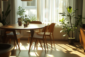 Cozy midcentury modern reading nook, large window, sunlight, vintage armchair, wood bookshelf, earthy tones, and highquality 3D render
