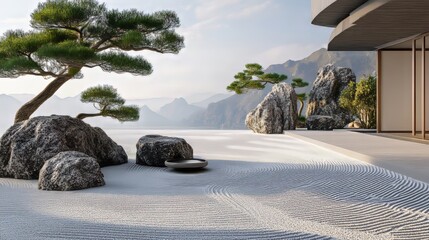 A minimalistic zen garden scene, hypermaximalist, advertising photography, hyper realistic, fine detail,