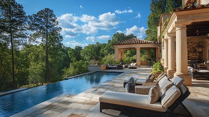 Fototapeta premium Poolside Relaxation at a Luxurious Estate with a View of Trees