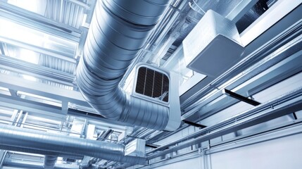Obraz premium Factory air systems installation with high-quality ductwork and advanced ventilation solutions for efficient climate control.