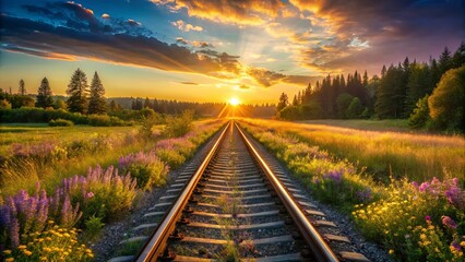 Fototapeta premium Golden Sunset Illuminates Railway Tracks Leading Through a Field of Blooming Wildflowers and a Majestic Forest