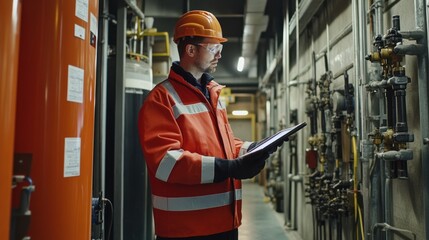 Fire extinguisher inspection by a safety engineer ensuring proper functionality and readiness for emergencies.