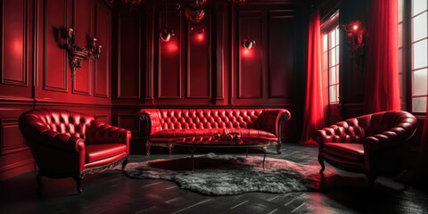 Vintage Inspired Luxury Living Room with Red Leather Sofa and Elegant Red Armchairs. Red Lounge Interior in Royal Style