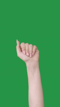 Vertical video. Goodbye gesture. Leaving bye. See you. Farewell sign. Female hand waving isolated on green chroma key empty space background.