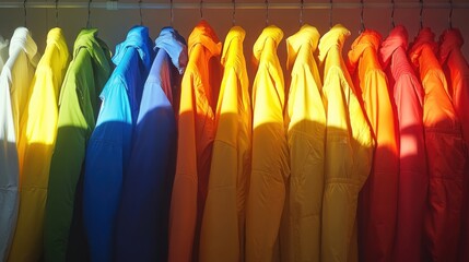 A row of colorful jackets hanging on a rack, lit by sunlight.