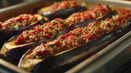 A close-up of a baking sheet with stuffed eggplant halves, topped with a meat and tomato mixture, herbs, and a sprinkle of parsley.