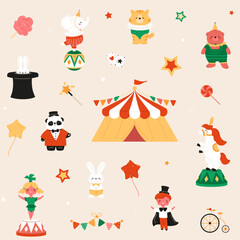 Circus seamless pattern with cute baby animals, kids and decorative elements. Carnival background, celebrate show, party vector illustration. Children fairground. Magic vector illustration.