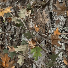 Oak Tree Bark Oak Leaves Hunting Camo Pattern, Seamless Camouflage Foliage Texture