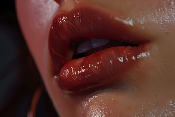 Close-up of a young woman's glossy lips, reflecting light with a soft sheen, highlighting her delicate features and captivating smile.