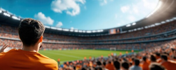 Wide-angle view of crowded stadium, colors of team jerseys blending, electric energy, Football Season, Stadium, Crowd