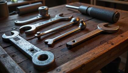 Industrial Tools and Wrenches on Wooden Workbench