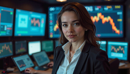 Businesswoman Monitoring Stock Market Data on Screens