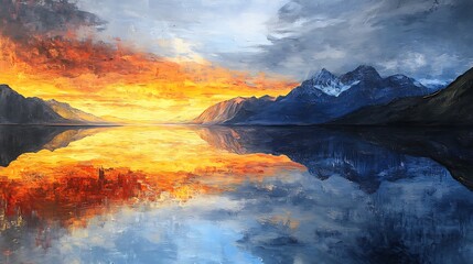 Mountain Range Reflected in a Still Lake at Sunset