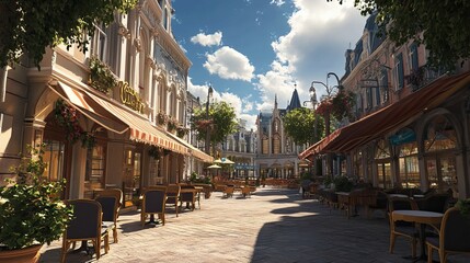 A classic European plaza with outdoor cafes and historic buildings