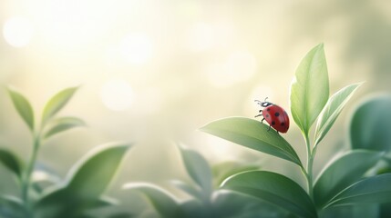 A vibrant ladybug resting on a leaf amidst a soft, dreamy background of nature, symbolizing beauty and serenity in the environment.
