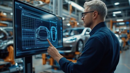 Engineer reviewing car blueprint on touchscreen. Automotive engineer interacting with a digital car blueprint on a touchscreen monitor in a modern car manufacturing facility.