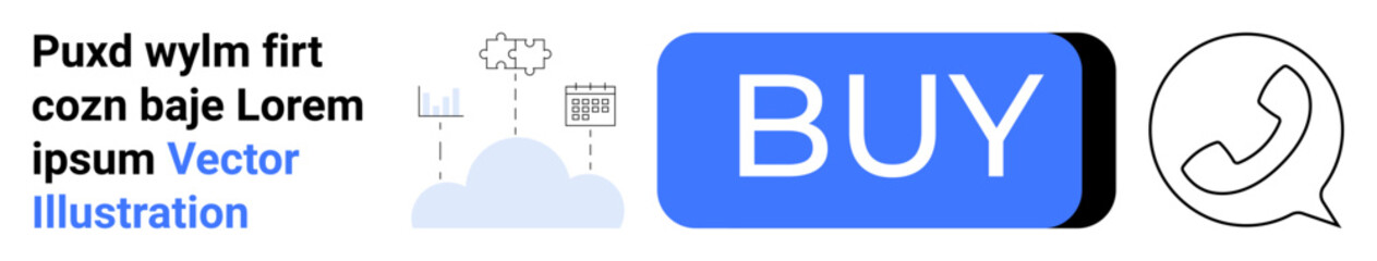 Blue BUY button, cloud uploaddownload icons, gear, calendar, circular telephone icon. Ideal for e-commerce, online shopping, user interface design, customer support, digital marketing, web design