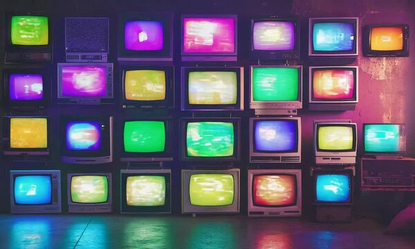 Wall of televisions displaying various colorful broadcasts