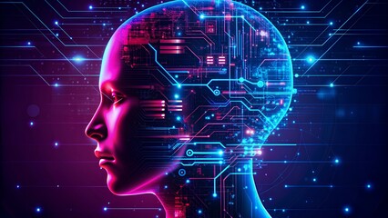 Digital Evolution. A side profile of a futuristic human head with digital circuitry. Copy Space