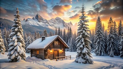 Fototapeta premium A solitary wooden cabin nestled amidst snow-laden evergreen trees, bathed in the warm glow of a winter sunset, with a backdrop of majestic snow-capped mountain peaks.