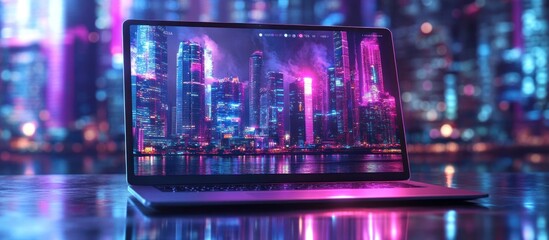 Fototapeta premium Laptop with Cityscape Wallpaper