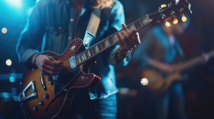 Obraz premium Guitarist playing electric guitar on stage during music concert