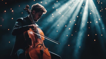 Fototapeta premium Professional cellist performing on stage with dramatic lighting