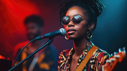 Young female singer performing live with band on stage