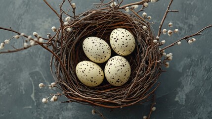 Obraz premium Easter eggs with dark spots lying in a bird nest decorated with pussy willow branches on a gray background