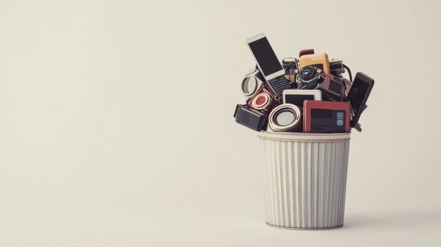 A cluttered trash bin overflowing with various discarded electronic devices and gadgets, showcasing e-waste in a minimalist setting.