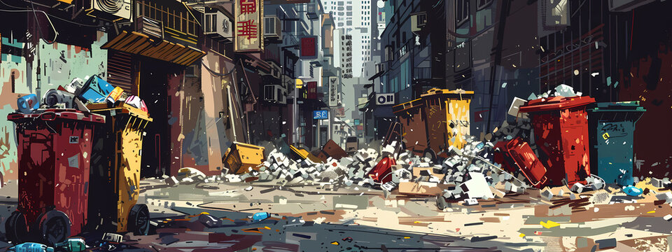 A vivid digital artwork showcasing a cluttered urban alley filled with colorful trash bins and scattered debris, creating a gritty atmosphere.