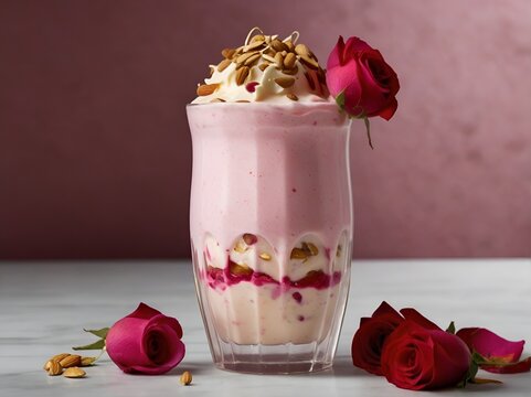 closeup of rose falooda milkshake with a base of creamy milk and syrup and ice cream with a scoop of jelly and crushed almonds