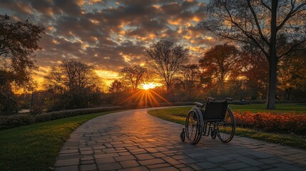 Obraz premium Park sunset with wheelchair access, capturing a peaceful and inclusive environment for all visitors to enjoy.