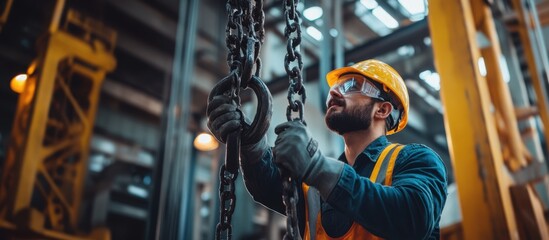 A worker in safety gear operates a chain hoist in an industrial setting, highlighting safety and focus in a construction environment.