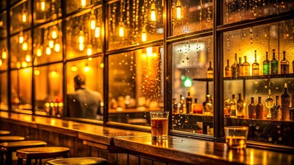 A solitary glass of amber liquid sits on a dimly lit bar counter, the warm glow of the interior contrasting with the rain-streaked windows, creating a moody and inviting atmosphere.
