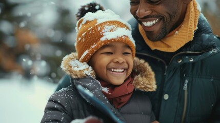 Father and son bonding outdoors in snowy forest, using tablet pc. Smiling, creating cherished memories filled with love and care