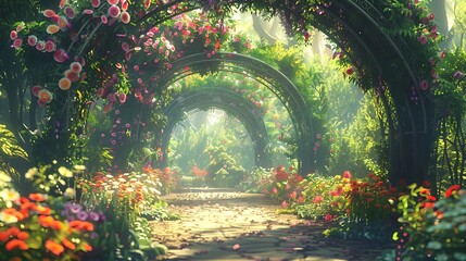 Walking path through a flower garden in the morning