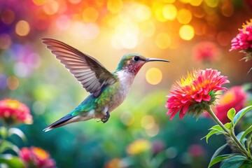 Fototapeta premium Captivating Double Exposure of Hummingbird and Flower in Lush Garden with Blurred Background for Nature Lovers and Garden Enthusiasts