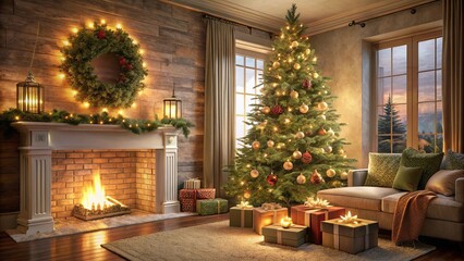 A cozy holiday scene featuring a decorated Christmas tree, a crackling fireplace, presents wrapped in festive paper, and a warm inviting sofa with soft throws