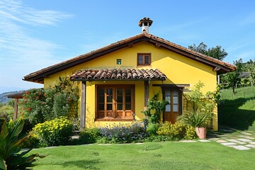 Yellow house in a tropical garden