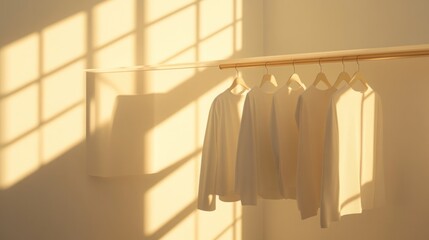 Four white long-sleeved shirts hanging on a wooden rack with a window casting a warm glow on the wall behind.