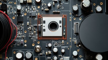 A close-up view of a circuit board featuring various electronic components and a prominent camera sensor in the center.