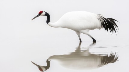Fototapeta premium A red-crowned crane walks through shallow water, its reflection visible in the surface.